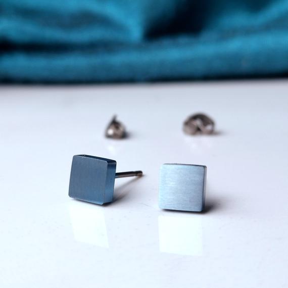 Pale Blue Titanium Earrings 5mm Square Studs. Hypoallergenic And Nickel Free.