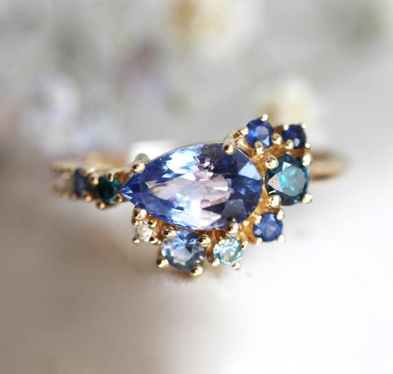 Pear Blue Sapphire Engagement Ring, Pear Sapphire Cluster Engagement Ring, Blue Sapphire Ring, Unique Multistone Engagement Ring