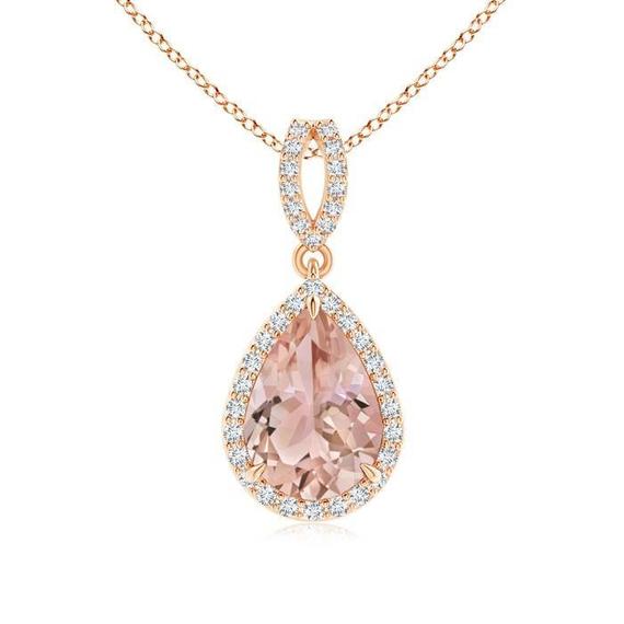 Pear Morganite Necklace- Rose Gold Necklace- Wedding Jewelry- Bridal Necklace- Morganite Pendant- Peach Morganite Necklace