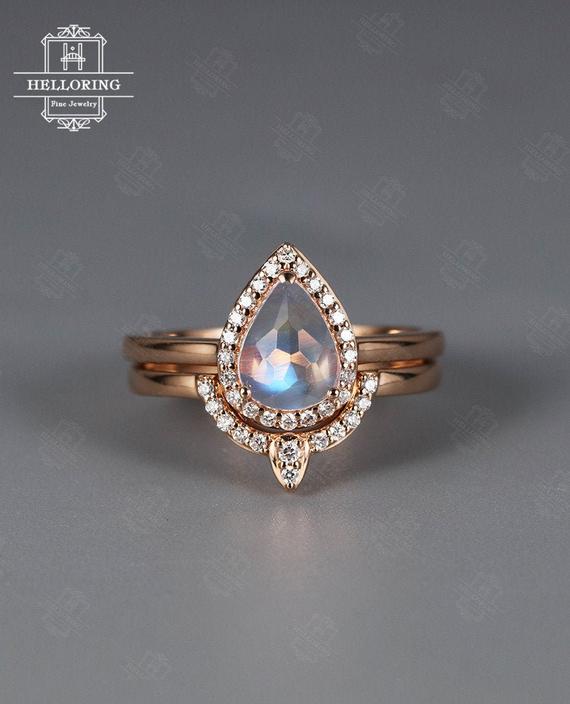 Pear Cut Moonstone Engagement Ring Vintage Halo Moissanite Diamond Curved Wedding Antique Stacking Bridal Set Promise Anniversary Ring