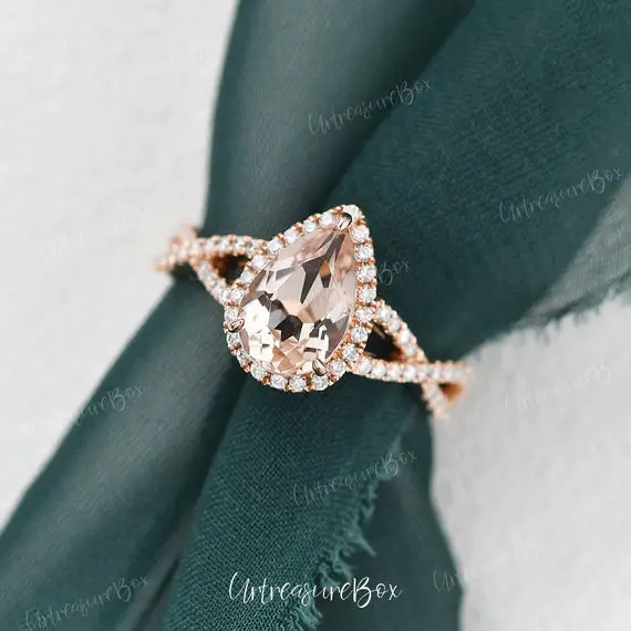 Pear Shaped Morganite Engagement Ring Rose Gold Unique Infinity Morganite Bridal Ring Split Shank Peachy Morganite Ring Halo Promise Ring