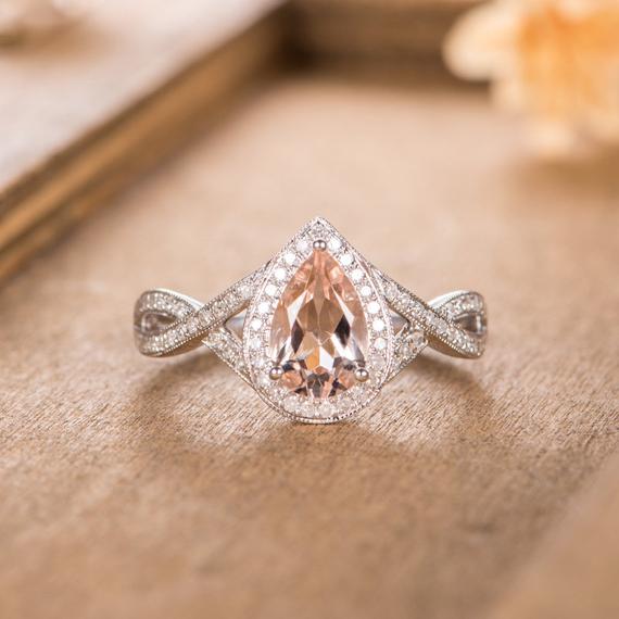 Pear Shaped Morganite Engagement Ring White Gold Halo Diamond Infinity Band Bridal Women Ring Unique Antique Wedding Ring Anniversary Ring