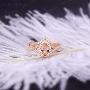 Vintage Pear cut Morganite engagement ring set Rose gold Wedding Halo diamond moissanite Bridal Art deco Twisted Promise Anniversary ring | Natural genuine Array rings, simple unique alternative gemstone engagement rings. #rings #jewelry #bridal #wedding #jewelryaccessories #engagementrings #weddingideas #affiliate #ad