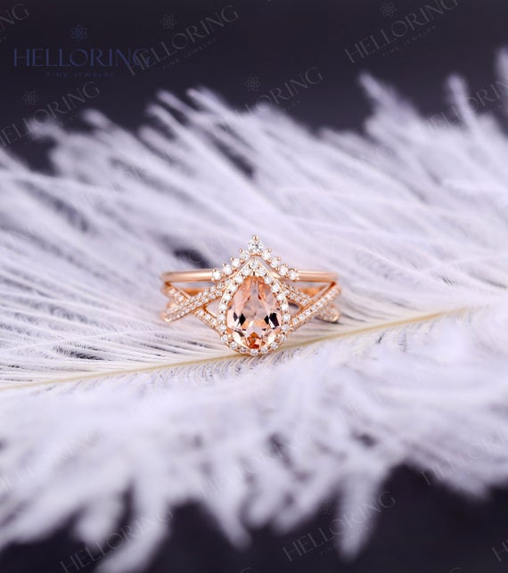 Vintage Pear Cut Morganite Engagement Ring Set Rose Gold Wedding Halo Diamond Moissanite Bridal Art Deco Twisted Promise Anniversary Ring