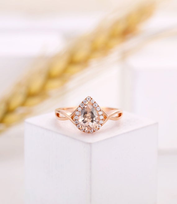 Pear Shaped Morganite Engagement Ring Rose Gold, Art Deco Moissanite Halo Prong Set Ring Women, Promise Ring, Anniversary Ring