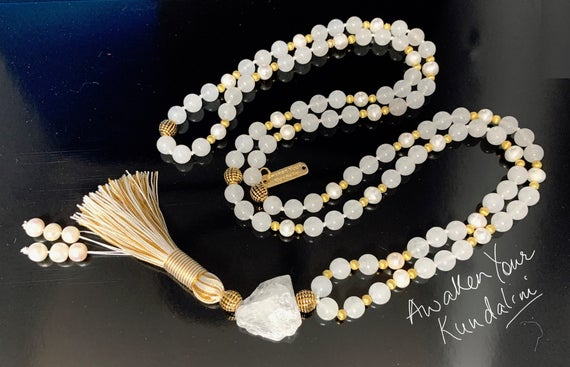Pearl Necklace Moon Women Jewelry Semi Precious Mala Beads 108, Knotted Prayer Beads, Relationship Gifts, Meditation, Japa, Yogachristmas