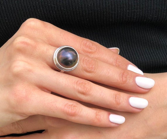 Black Mabe Pearl Ring, Natural Pearl, Large Pearl Ring, June Birthstone, Statement Ring, Chunky Pearl Ring, Vintage Ring, Solid Silver Ring