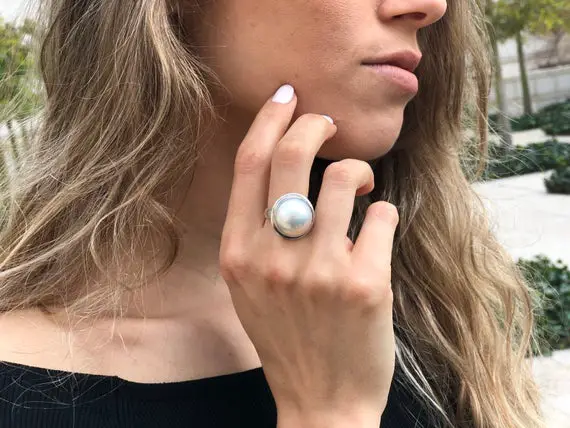 Mabe Pearl Ring, Natural Mabe Pearl, Chunky Pearl Ring, June Birthstone, Large Pearl Ring, White Pearl Ring, Vintage Ring, Solid Silver Ring