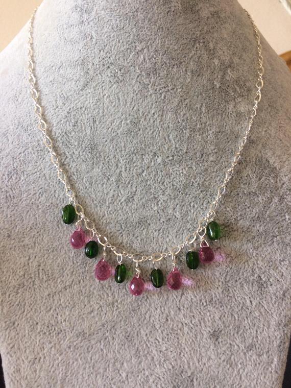 Pink Briolette And Green Chrome Diopside Necklace