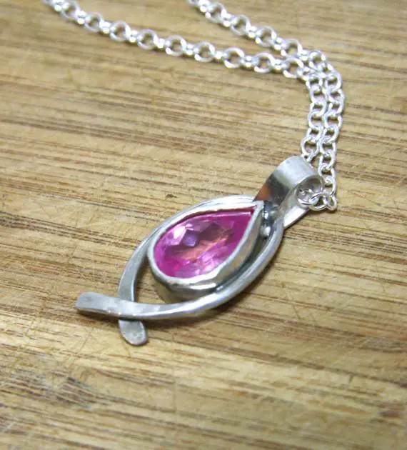 Large Pink Sapphire Pendant In Solid Sterling Silver Bezel Set , Clearance - No Chain