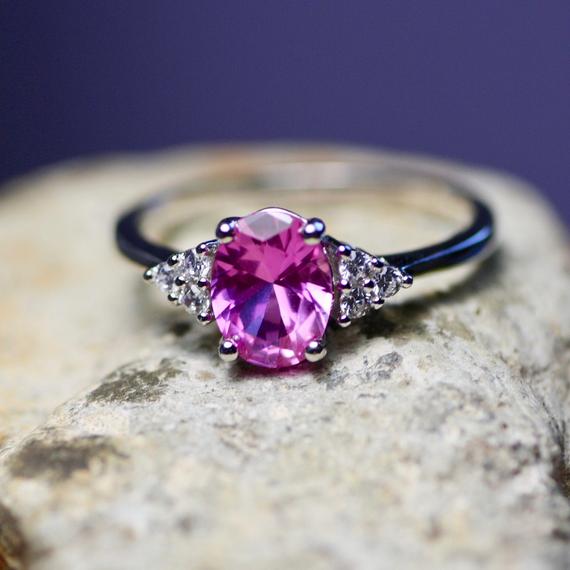 Lab Created Pink Sapphire Engagement Ring Sterling Silver 925 , Or Custom Order In Solid Gold , September Birthstone , Tet
