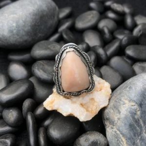 Shop Pink Calcite Jewelry! Pretty in pink sterling ring with pink calcite rosecut stone. | Natural genuine Pink Calcite jewelry. Buy crystal jewelry, handmade handcrafted artisan jewelry for women.  Unique handmade gift ideas. #jewelry #beadedjewelry #beadedjewelry #gift #shopping #handmadejewelry #fashion #style #product #jewelry #affiliate #ad