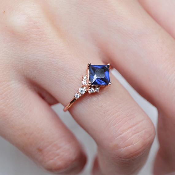 Princess Cut Engagement Ring, Natural Sapphire Ring, Antique Vintage Ring, Art Deco Ring, Sapphire Wedding Ring,anniversary Gifts For Women