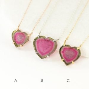Prong Set Healing Heart Chakra Watermelon Tourmaline Pendants, Bi Color Tourmaline Heart Necklace, Dainty Pink Green Heart, October Birthday |  #affiliate