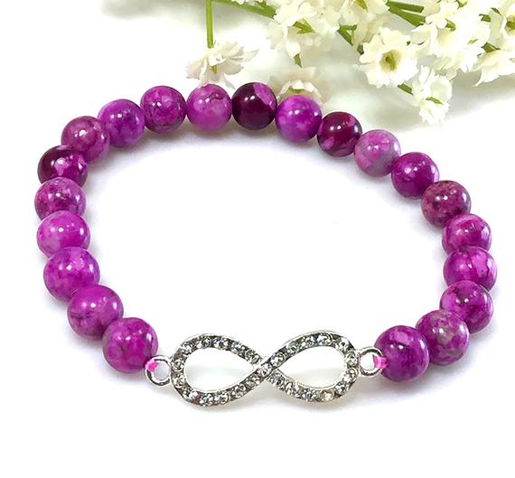 Purple Sugilite Beaded Bracelet With Infinity Pendant, Healing Anxiety Relief Spiritual Balancing Calming Stretchy Gift For Women
