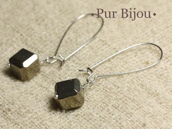 Boucles Oreilles Pierre Semi Précieuse - Pyrite Dorée Cubes 10mm