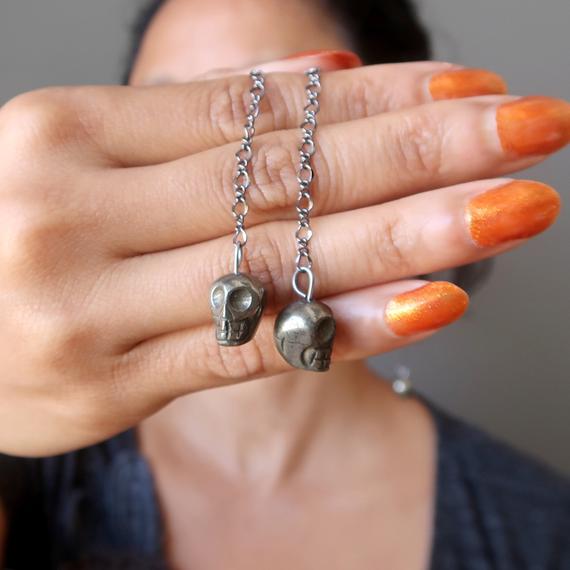 Pyrite Skull Earrings, Edgy Protection Stones