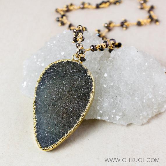 Grey Druzy Necklace, Black Pyrite Cluster Chain, Healing Druzy