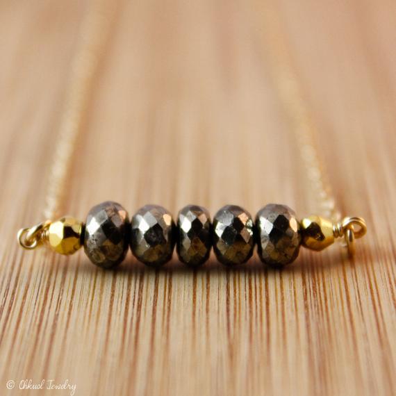 Gold Black Pyrite Necklace, 14k Gf, Metallic Bead Necklace