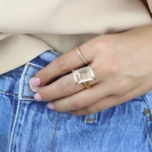Shop Quartz Crystal Jewelry! Rectangular Quartz Ring · Rose Gold Crystal Ring · Clear Quartz Gem Ring · Bridal Ring · Rose Gold Statement Ring | Natural genuine Quartz jewelry. Buy handcrafted artisan wedding jewelry.  Unique handmade bridal jewelry gift ideas. #jewelry #beadedjewelry #gift #crystaljewelry #shopping #handmadejewelry #wedding #bridal #jewelry #affiliate #ad