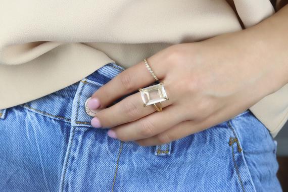 Rectangular Quartz Ring · Rose Gold Crystal Ring · Clear Quartz Gem Ring · Bridal Ring · Rose Gold Statement Ring