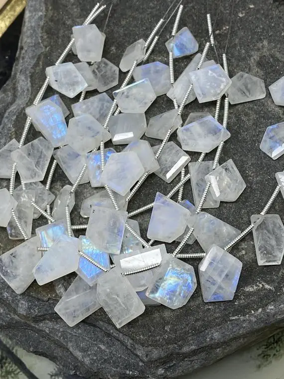 High Quality Hand Faceted Step Cut Blue Flash Rainbow Moonstone Gemstone Briolette Slices 10-20mm