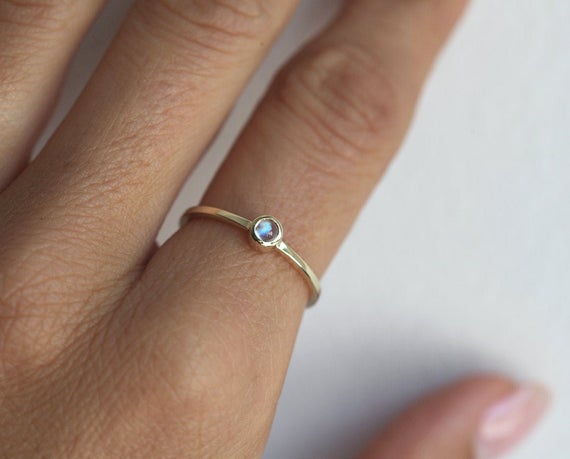 Moonstone Engagement Ring, Blue Gemstone Ring, Small Solid Gold Solitaire, Dainty & Petite Ring