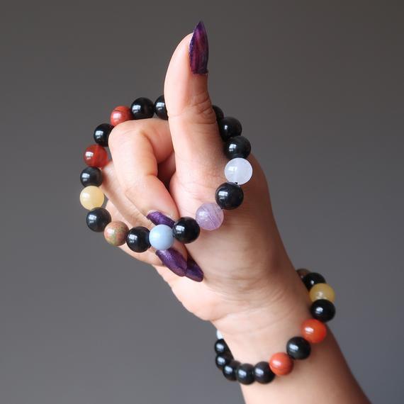 Chakra Bracelet Healing Beads In Black Rainbow Obsidian Protection Stone