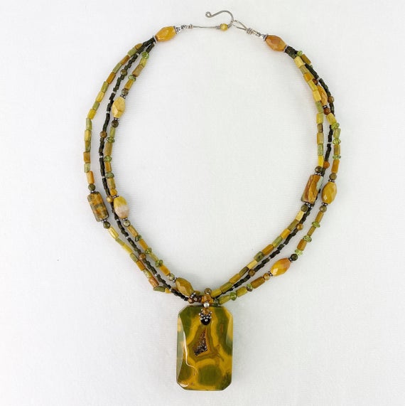 Rainforest Jasper With Crystal Inclusion Pendant Necklace