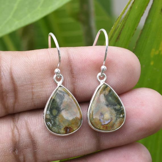 Rainforest Jasper Earring -sterling Silver Earring - 11x15mm Pear Stone Earring -women Earring -bezel Earring - Gemstone Earring, Gift Ideas