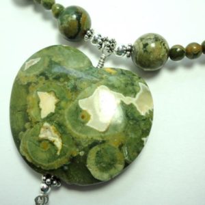 Rainforest Jasper Necklace, Exotic Rainforest Opal Freeform Heart Pendant on Rainforest Jasper Necklace with Sterling Silver Toggle | Natural genuine Rainforest Jasper necklaces. Buy crystal jewelry, handmade handcrafted artisan jewelry for women.  Unique handmade gift ideas. #jewelry #beadednecklaces #beadedjewelry #gift #shopping #handmadejewelry #fashion #style #product #necklaces #affiliate #ad