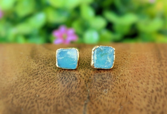 Raw Peruvian Opal Earrings, Gold Opal Stud Earrings, October Birthstone Earrings, Turquoise Opal Earrings, Raw Blue Gemstone Boho Earrings