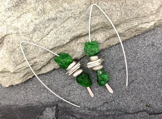 Raw Chrome Diopside Green Stacking Threader Earrings
