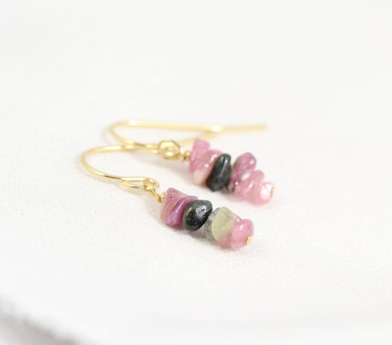 Raw Watermelon Tourmaline Earrings, Natural Gemstone Jewelry, Pink, Green, October Birthstone Earrings, Sterling Silver, Gold, Rose Gold