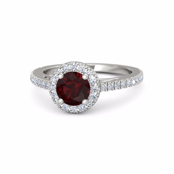 Red Garnet Engagement Ring Garnet Halo Ring, 14k White Gold Garnet Ring, Garnet Diamond Halo Engagement Ring, January Birthstone Ring