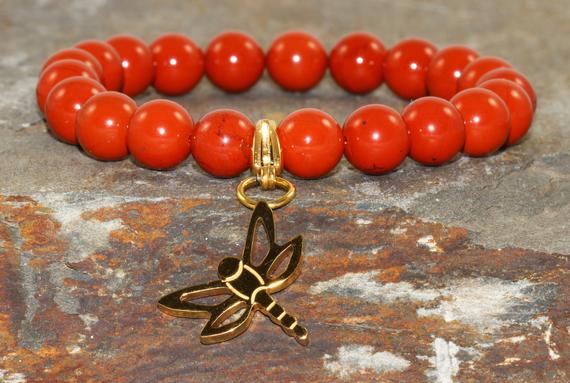 8mm Red Jasper Stacking Bracelet, A Grade, Healing Crystals, Stainless Steel Dragonfly, Protection - Love & Passion - Sacral Chakra Support