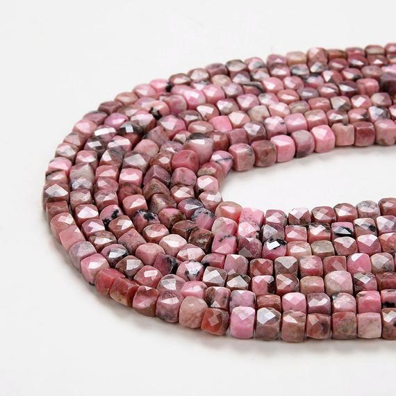 4mm  Rhodonite Gemstone Grade A Micro Faceted Square Cube Loose Beads (p5)