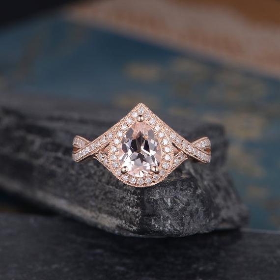 Rose Gold Pear Shaped Morganite Engagement Ring Infinity Band Diamond Halo Promise Ring Women Bridal Wedding Anniversary Gift Milgrain
