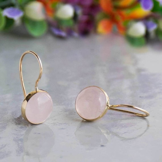 14k Yellow Gold Round Rose Quartz Earrings, Gemstone Drop Earrings, Pink Gold Earrings, Dainty Earrings, Gift For Women, Minimalist Earrings