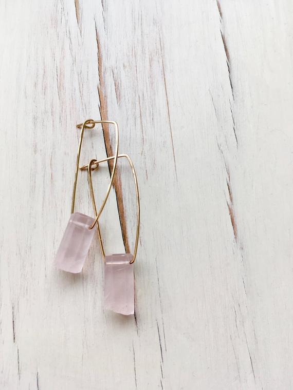 Rose Quartz Earrings Rose Quartz Oblong Hoop Gemstone Earrings Gemstone Jewelry