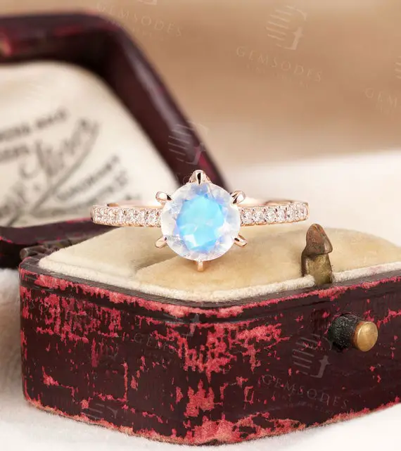 Round Cut Moonstone Engagement Ring Rose Gold Ring| Cluster Ring Vintage Diamond Moissanite Ring Prong Set Ring Anniversary Promise Ring