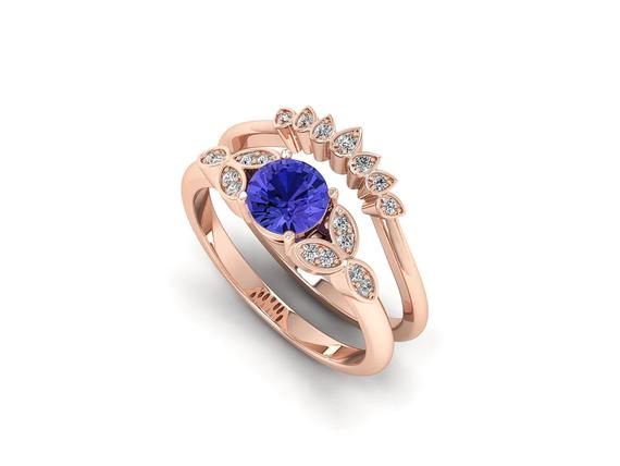 Natural Tanzanite Engagement Ring Set 18k Rose Gold, Unique Vintage Bridal Ring With Wedding Band, Sterling Silver Stackable Ring For Women