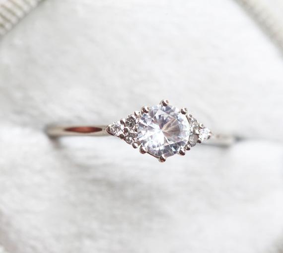 White Sapphire Engagement Ring, Natural Cluster Ring, Salt & Pepper Diamond Ring