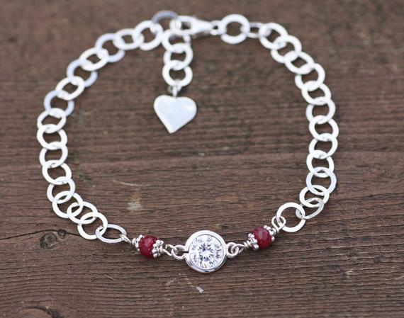 Cubic Zirconia And Natural Ruby Link Bracelet Heart Charm In Sterling Silver , July Birthstone , 40th Anniversary , Ooak , From Canada