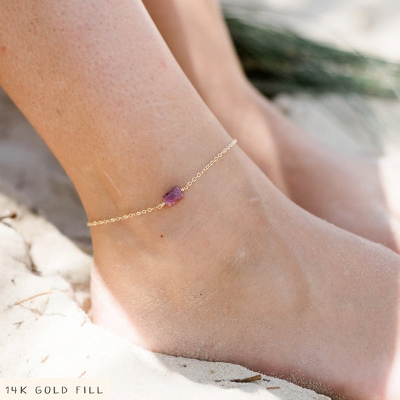 Raw Pink Red Ruby Crystal Nugget Anklet Bracelet In Gold, Silver, Bronze Or Rose Gold. 8" Chain With 2" Adjustable Extender. July Birthstone