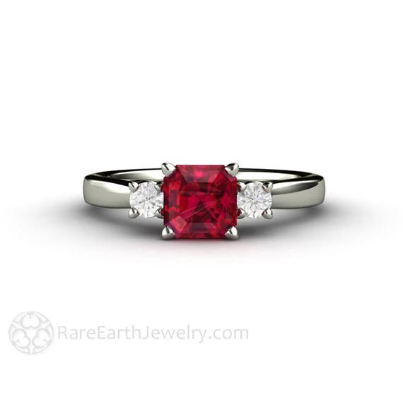 Three Stone Ruby Engagement Ring Asscher Cut Ruby Ring 3 Stone With Diamonds In Gold Or Platinum Red Gemstone Ring July Birthstone