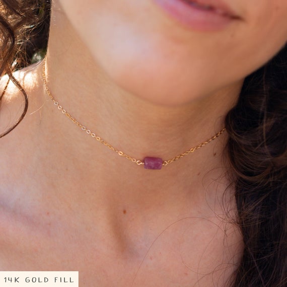 Tiny Raw Red Pink Ruby Crystal Nugget Choker Necklace In Gold, Silver, Bronze Or Rose Gold - Handmade To Order. July Birthstone.