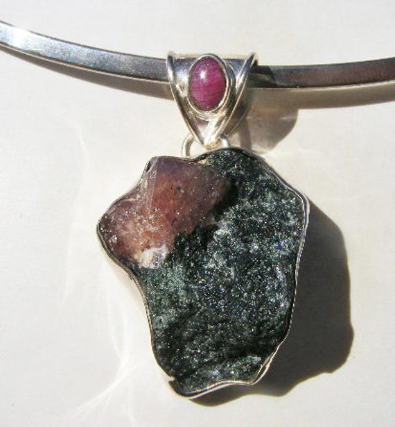 Ruby Crystal Pendant, Natural, Rough Ruby Crystal In Matrix ,ruby Cabachon Accent On Bale, Sterling Silver