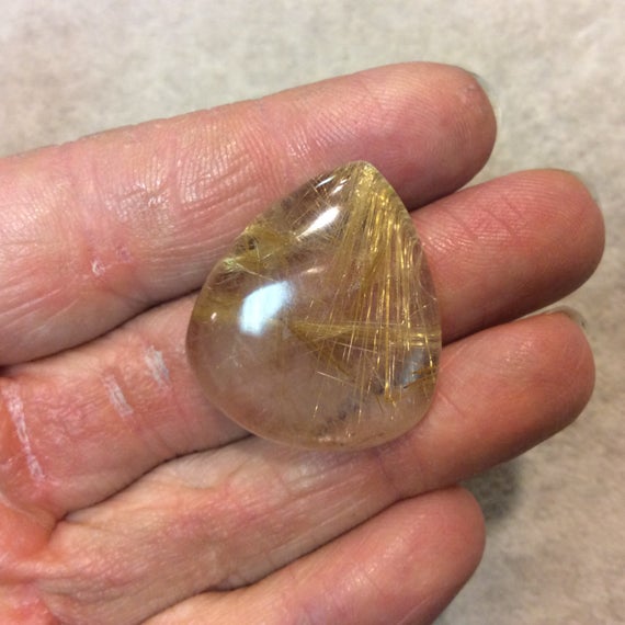 Ooak Natural Golden Rutilated Quartz Pear/teardrop Shaped Flat Back Cabochon - Measuring 27mm X 31mm, 7mm Dome Height - Quality Gemstone Cab
