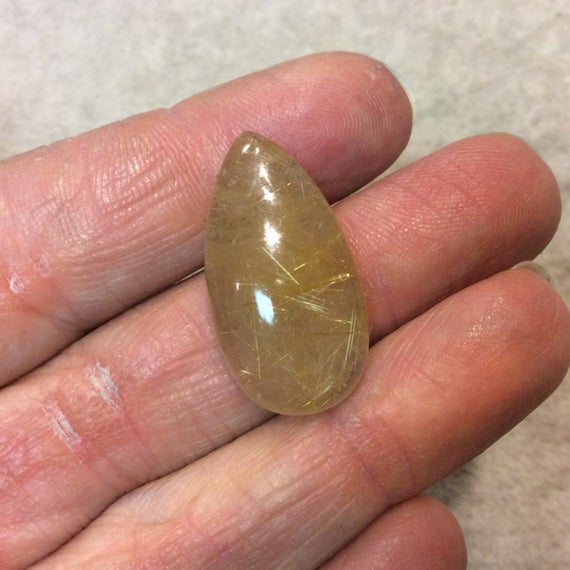 Ooak Natural Golden Rutilated Quartz Pear/teardrop Shaped Flat Back Cabochon - Measuring 15mm X 29mm, 7mm Dome Height - Quality Gemstone Cab